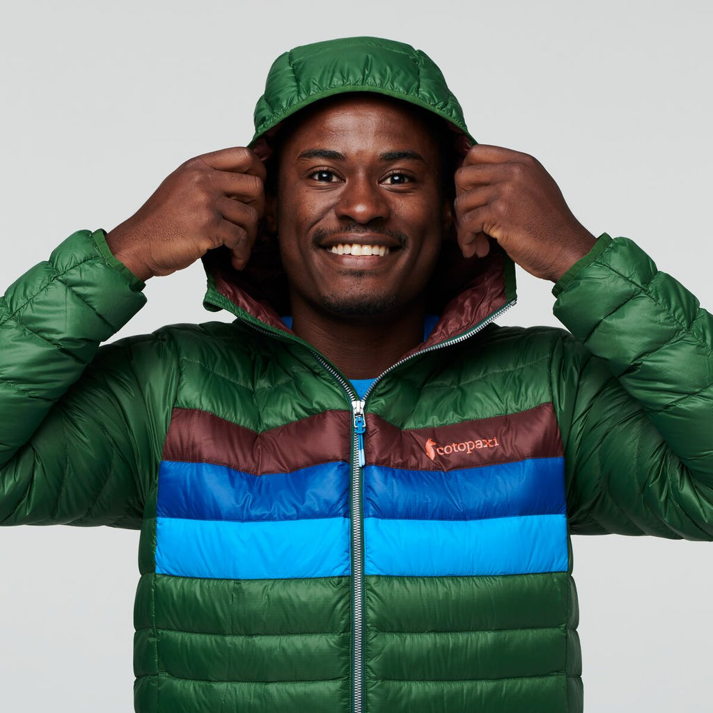 Fuego Down Hooded Jacket - Men's, Forest Stripes, Model Jeremy