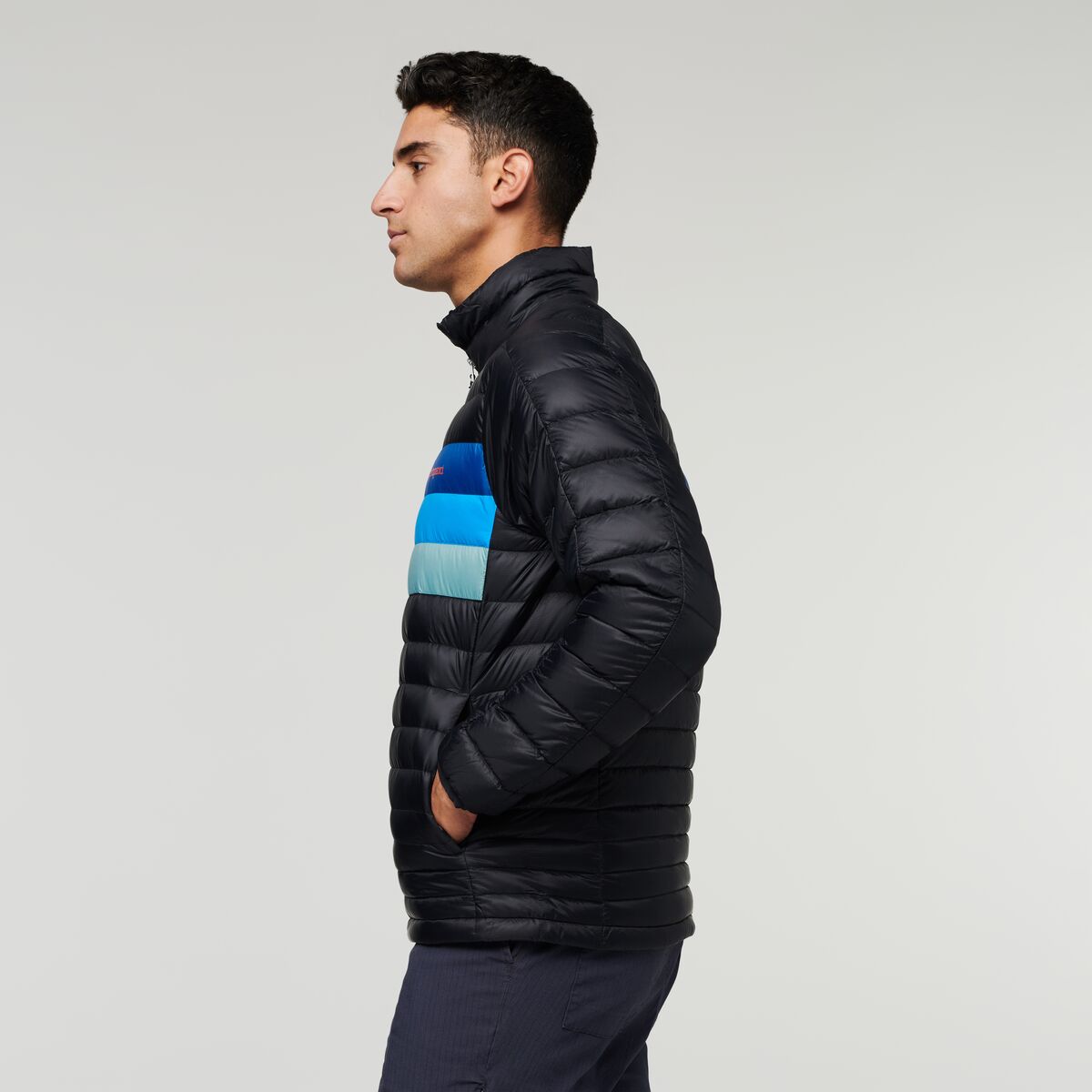 Fuego Down Jacket - Men's, Black/Pacific Stripes, Model Munther