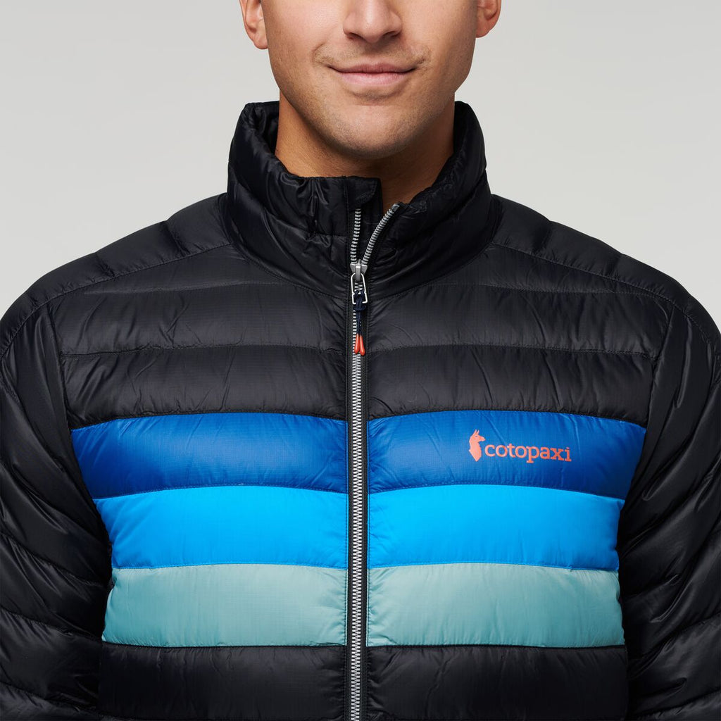 Fuego Down Jacket - Men's, Black/Pacific Stripes, Model Munther