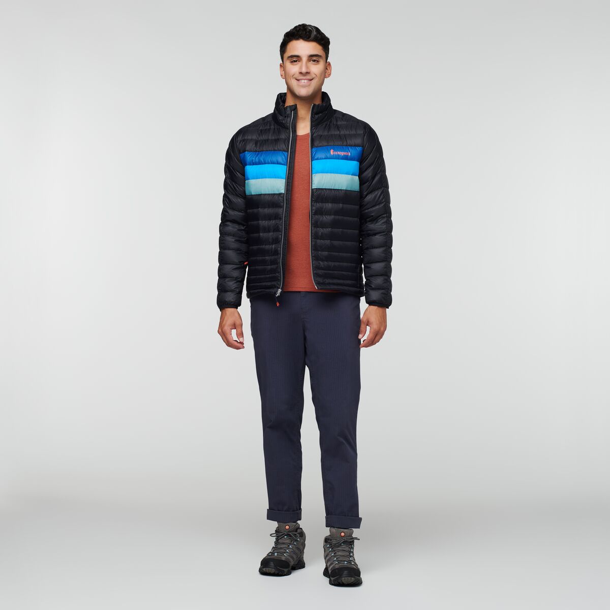 Fuego Down Jacket - Men's, Black/Pacific Stripes, Model Munther