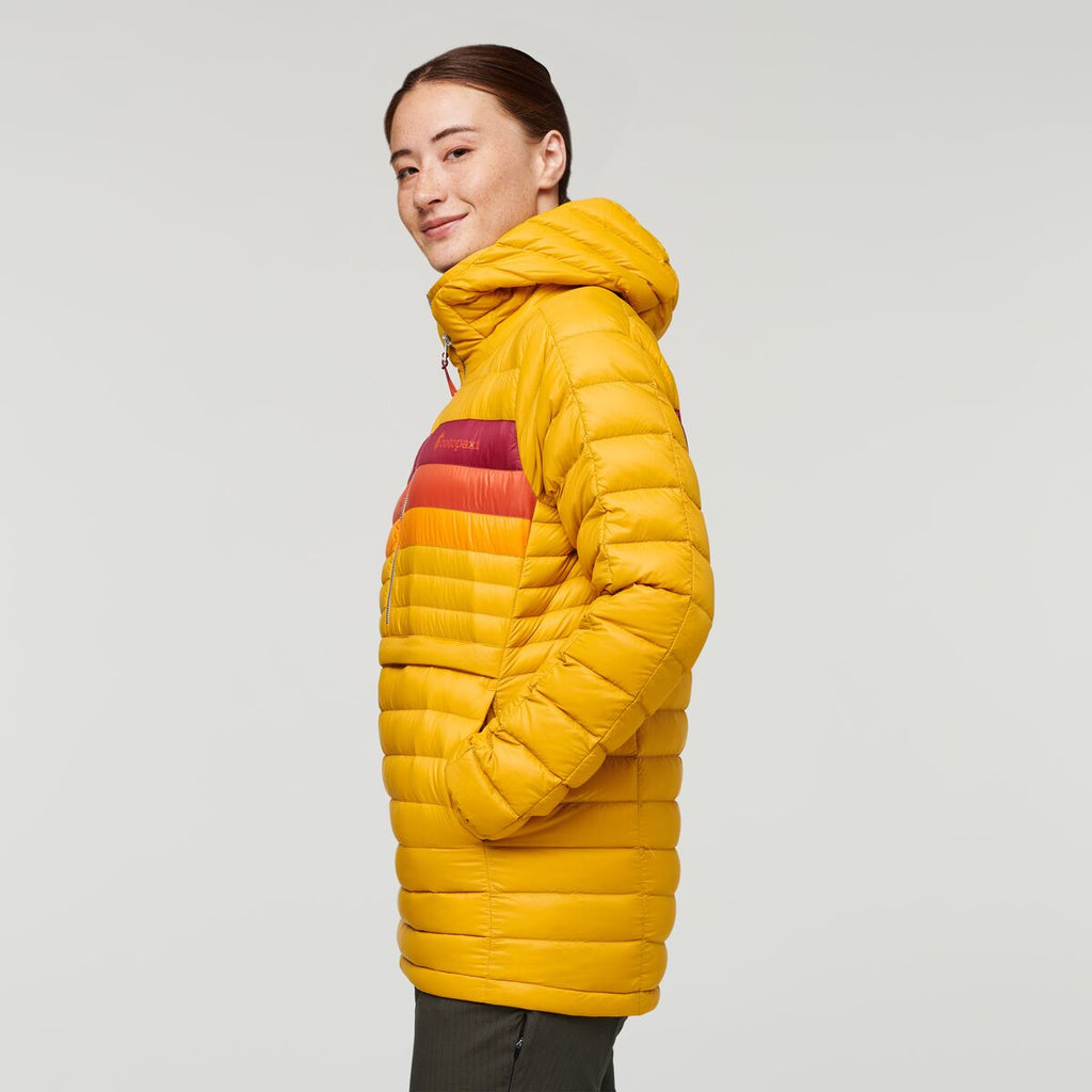 Fuego Down Hooded Pullover - Women's, Amber Stripes, Model Aya