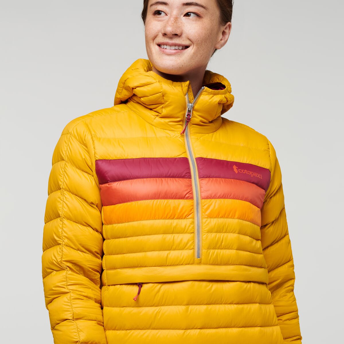 Fuego Down Hooded Pullover - Women's, Amber Stripes, Model Aya