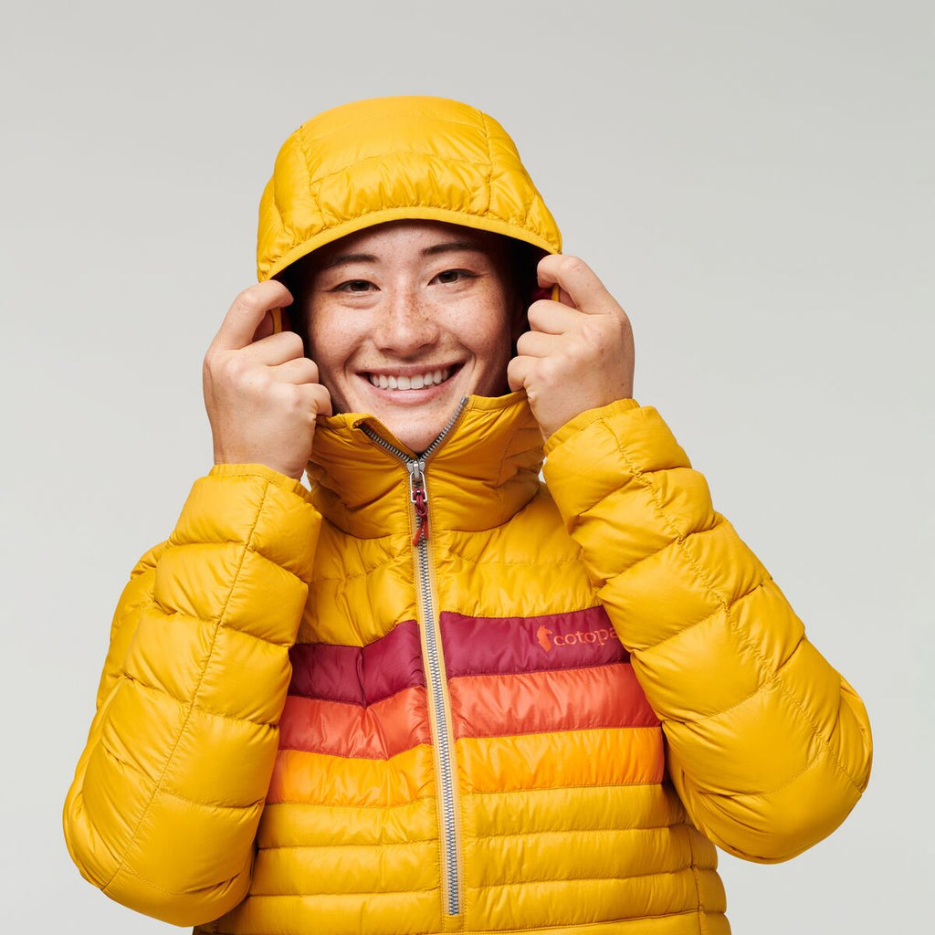 Fuego Down Hooded Pullover - Women's, Amber Stripes, Model Aya