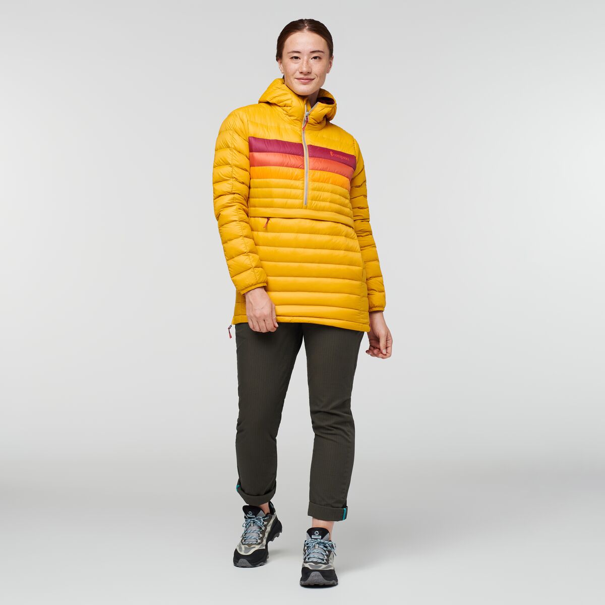 Fuego Down Hooded Pullover - Women's, Amber Stripes, Model Aya
