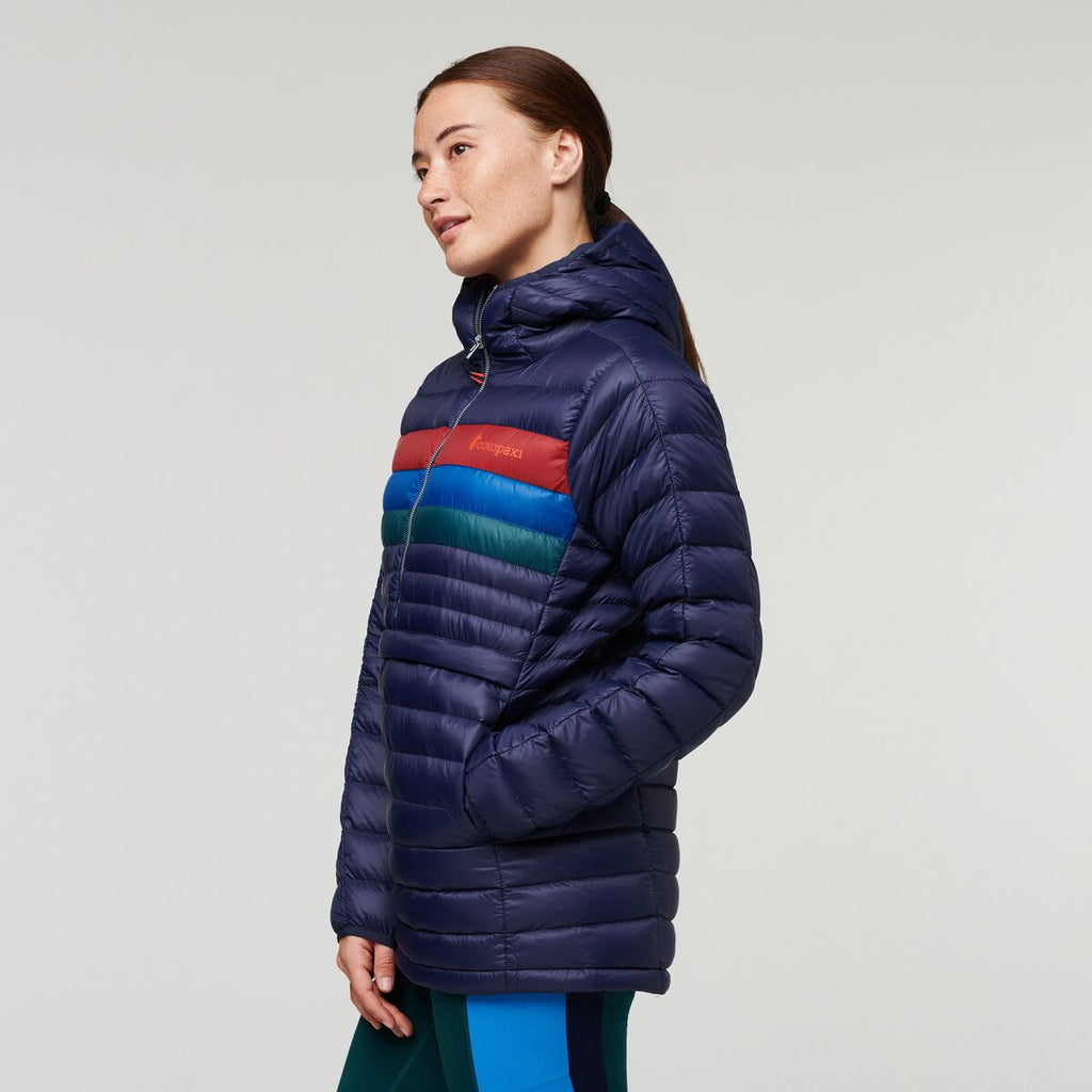 Fuego Down Hooded Pullover - Women's, Maritime Stripes, Model Aya