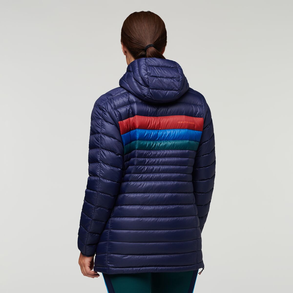 Fuego Down Hooded Pullover - Women's, Maritime Stripes, Model Aya