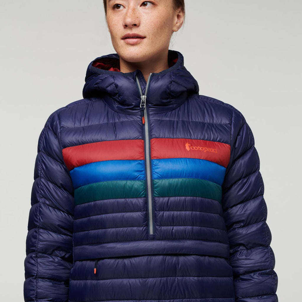 Fuego Down Hooded Pullover - Women's, Maritime Stripes, Model Aya