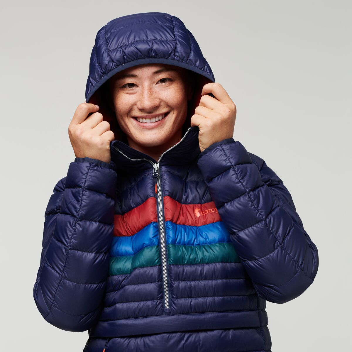 Fuego Down Hooded Pullover - Women's, Maritime Stripes, Model Aya