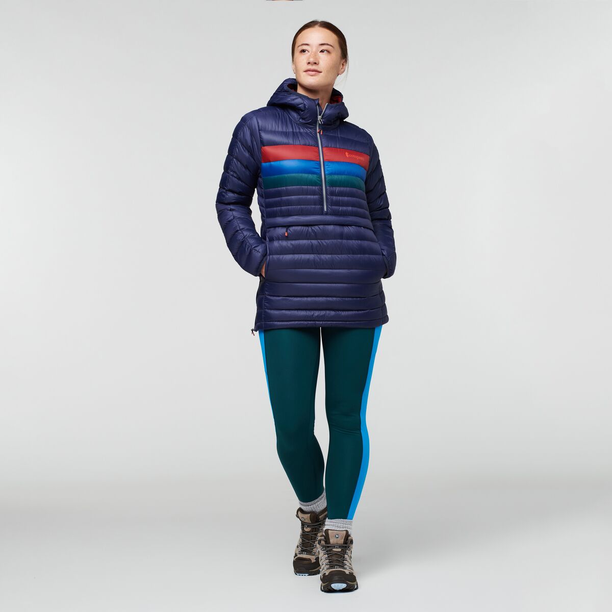 Fuego Down Hooded Pullover - Women's, Maritime Stripes, Model Aya