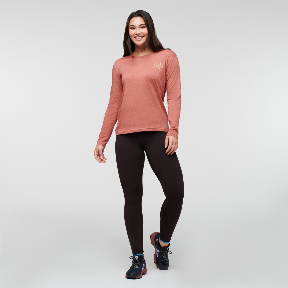 Hello Llama Long-Sleeve Organic T-Shirt - Women's, Earthen, Model Maile