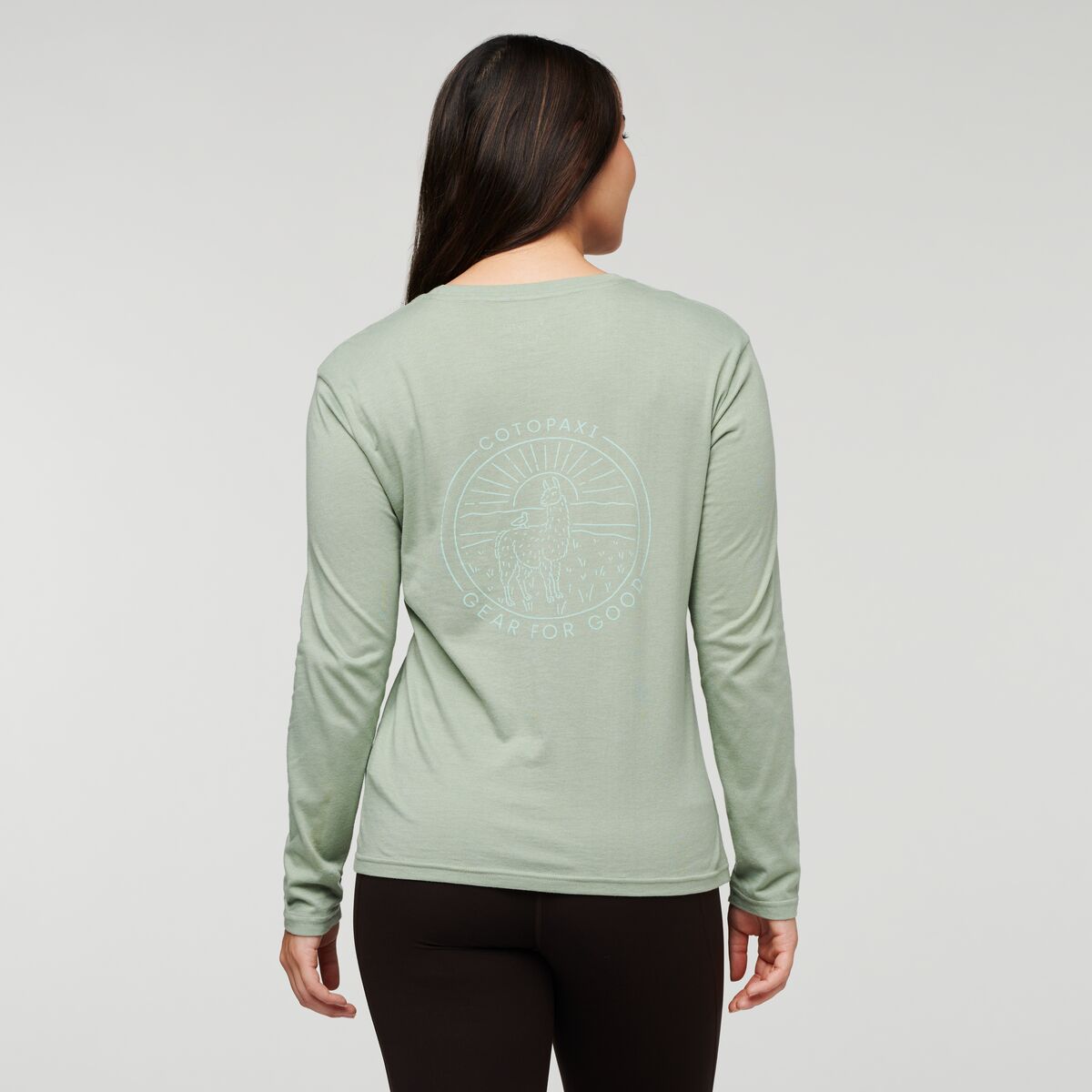 Hello Llama Long-Sleeve Organic T-Shirt - Women's, Silver Leaf, Model Maile
