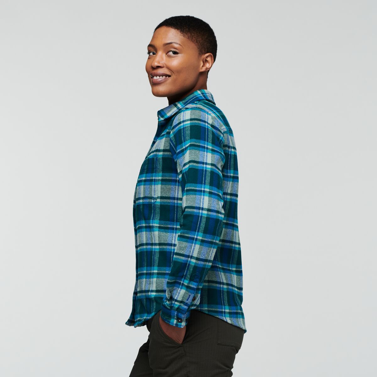 Mero Flannel Shirt - Women's, Deep Ocean Plaid, Model Callie