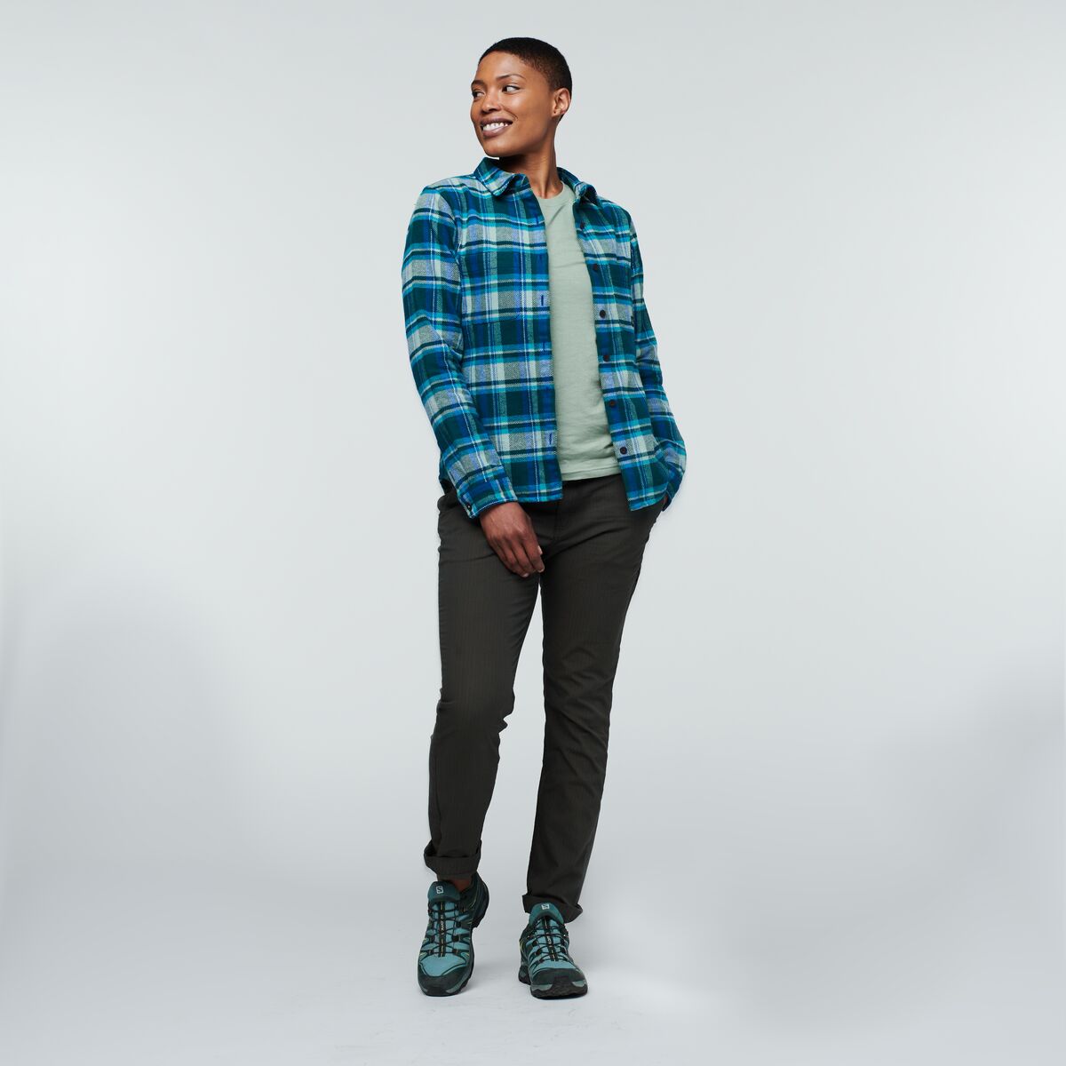 Mero Flannel Shirt - Women's, Deep Ocean Plaid, Model Callie
