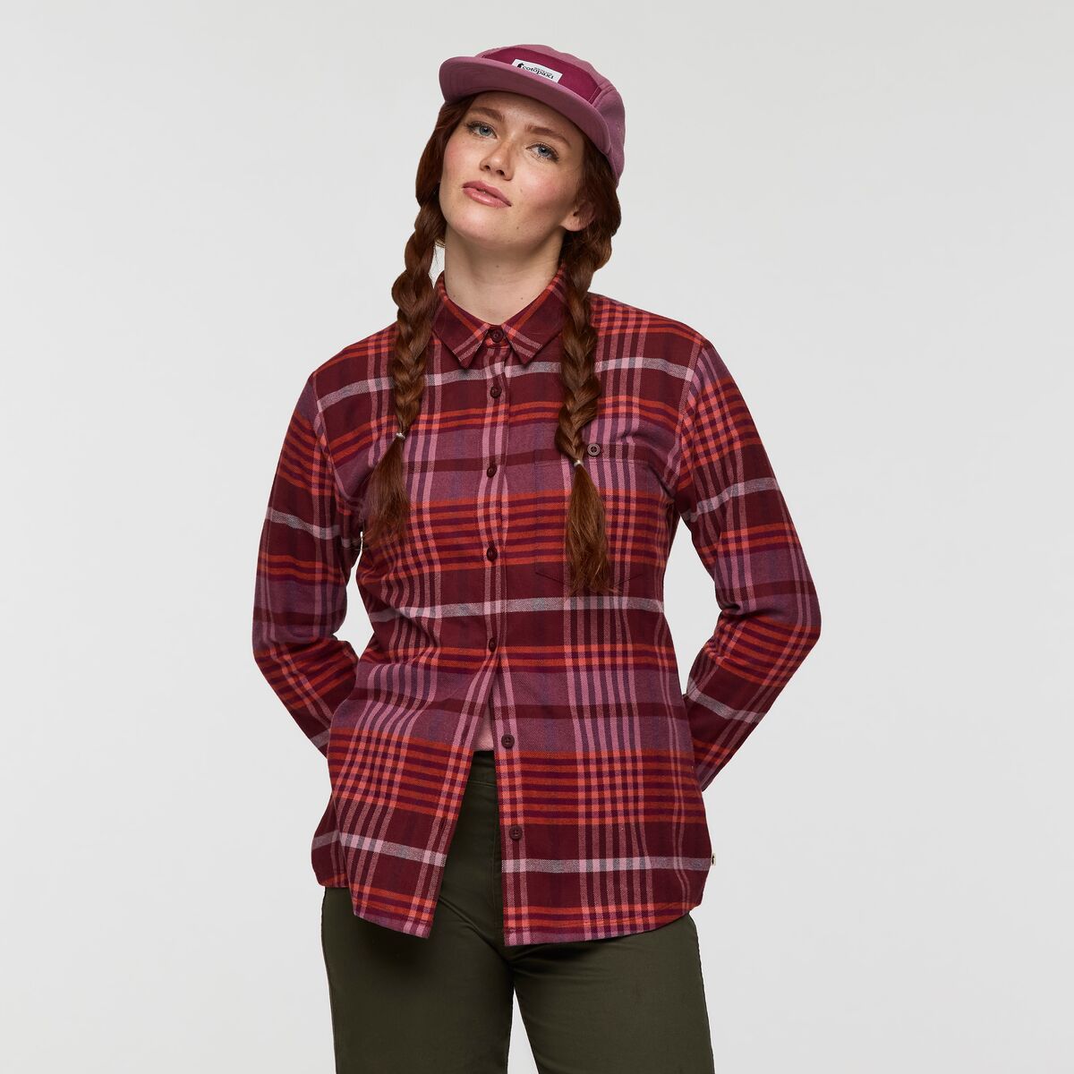 Quedo Flannel Shirt - Women's, Mulberry Plaid, Model Caitlyn