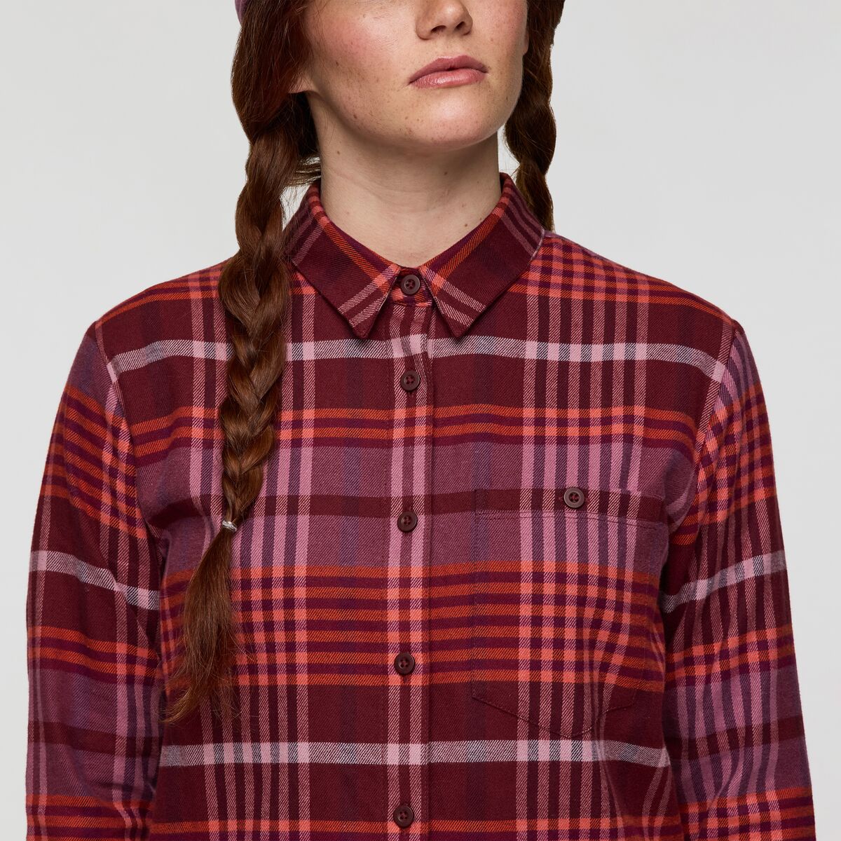 Quedo Flannel Shirt - Women's, Mulberry Plaid, Model Caitlyn