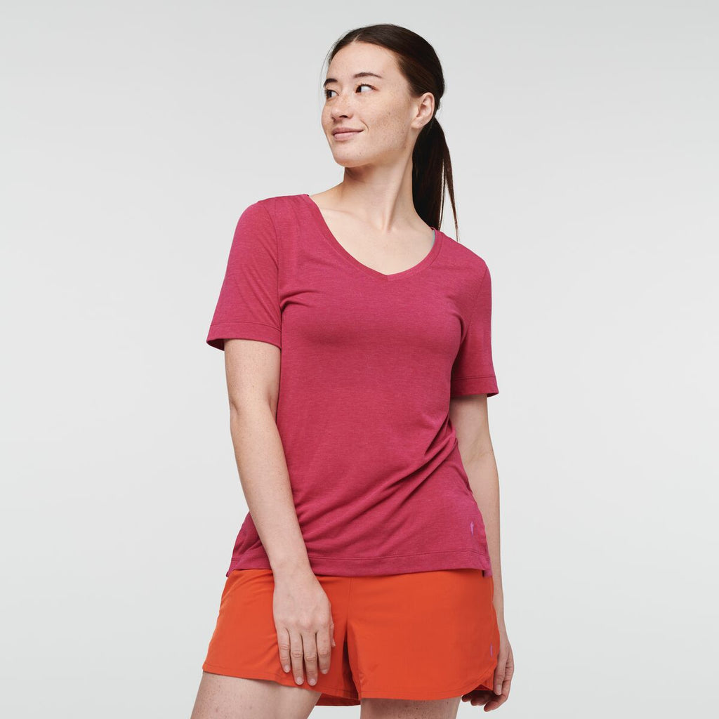 Paseo Travel T-Shirt - Women's, Raspberry, Model Aya
