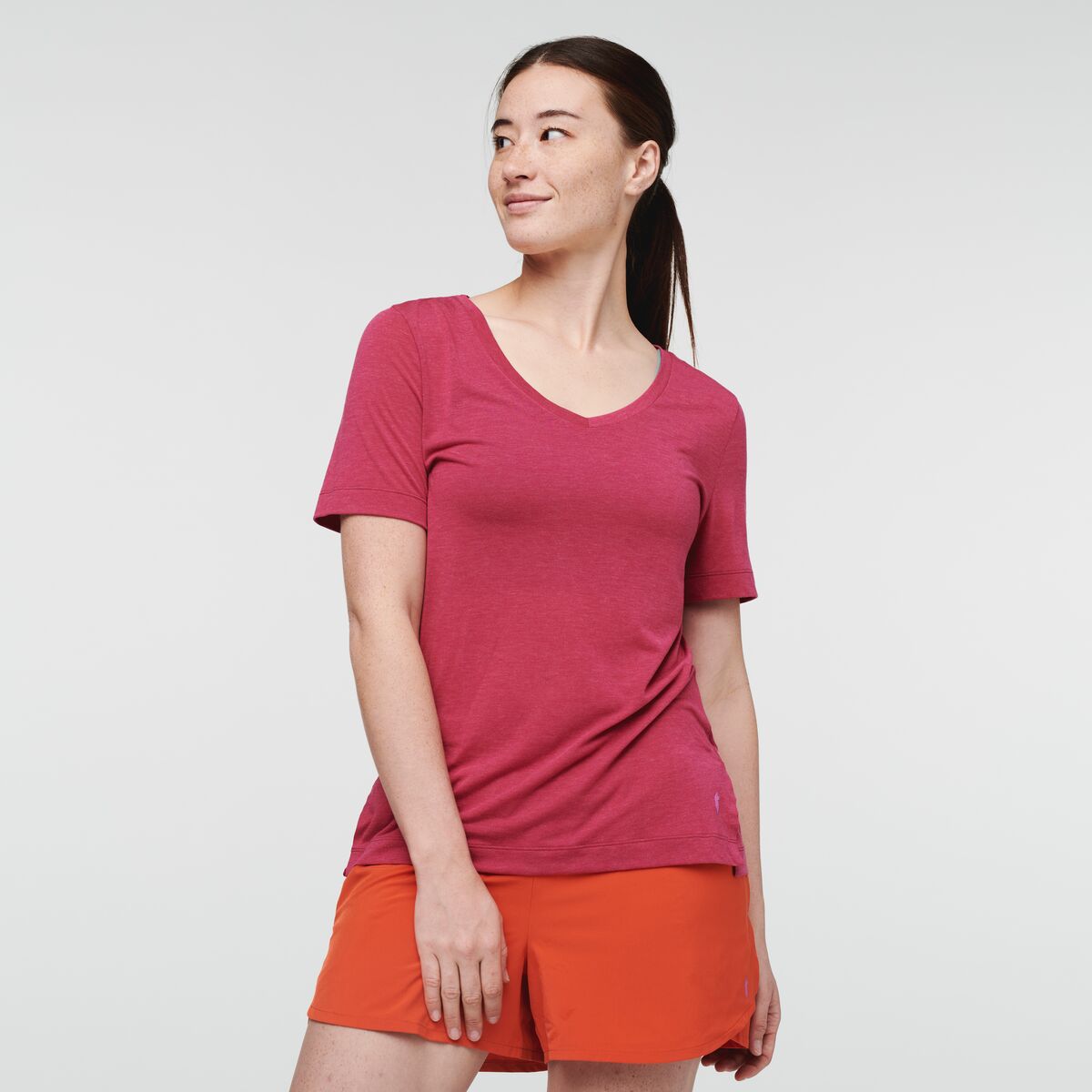 Paseo Travel T-Shirt - Women's, Raspberry, Model Aya