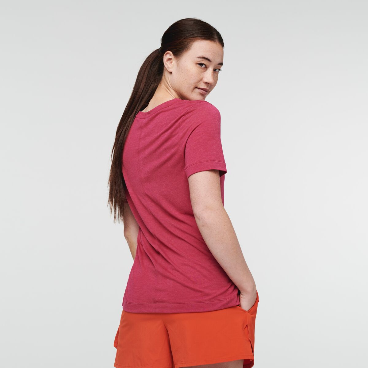 Paseo Travel T-Shirt - Women's, Raspberry, Model Aya