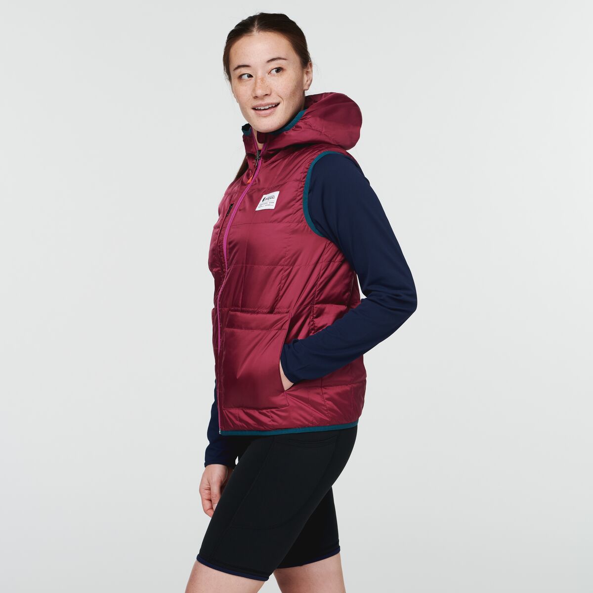 Teca Cálido Hooded Vest - Women's, Run Run, Model Aya