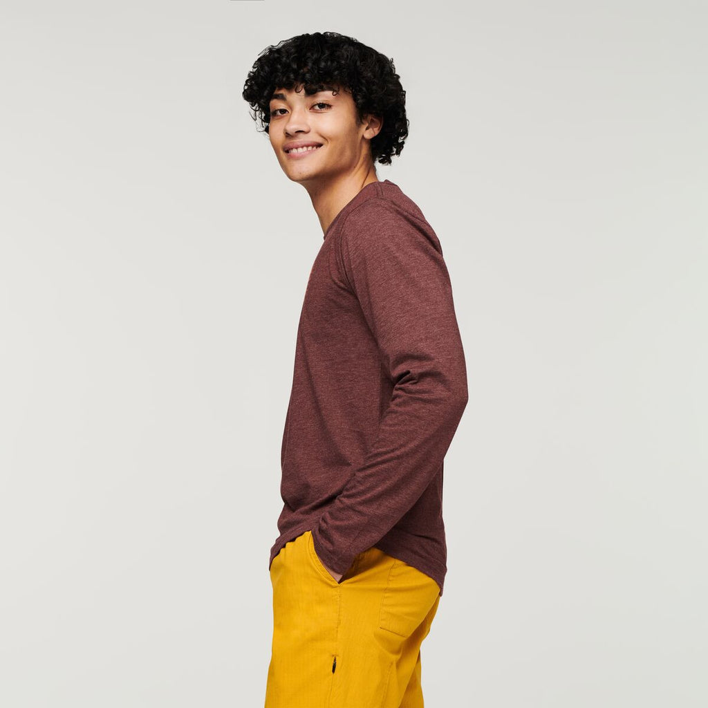 Hello Llama Long-Sleeve Organic T-Shirt - Men's, Chestnut, Model Xavier