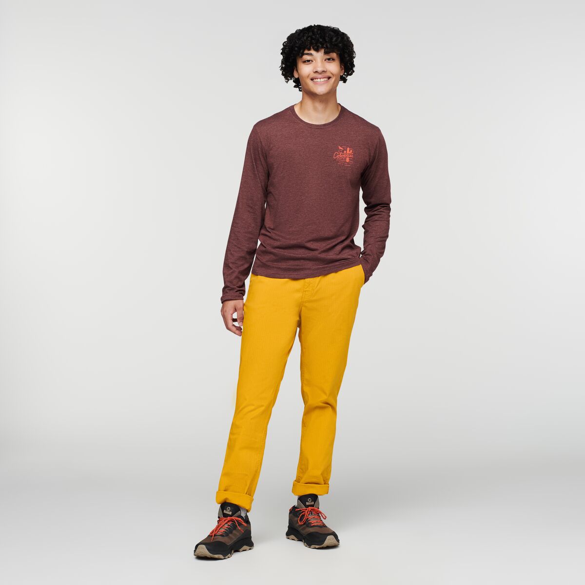 Hello Llama Long-Sleeve Organic T-Shirt - Men's, Chestnut, Model Xavier