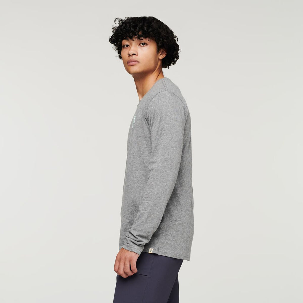 Hello Llama Long-Sleeve Organic T-Shirt - Men's, Heather Grey, Model Xavier