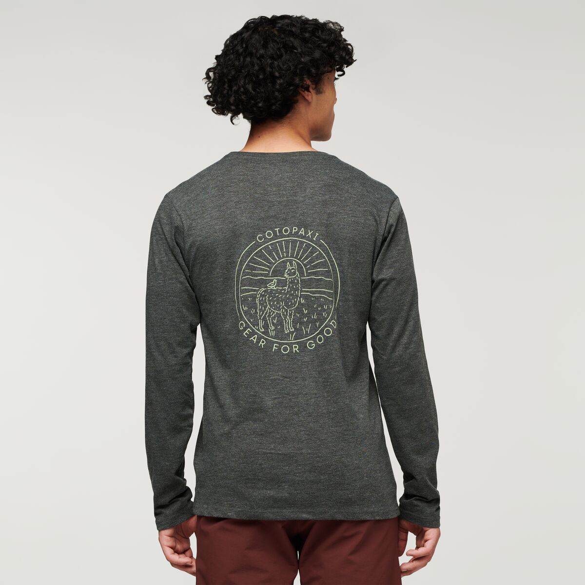 Hello Llama Long-Sleeve Organic T-Shirt - Men's, Iron, Model Xavier