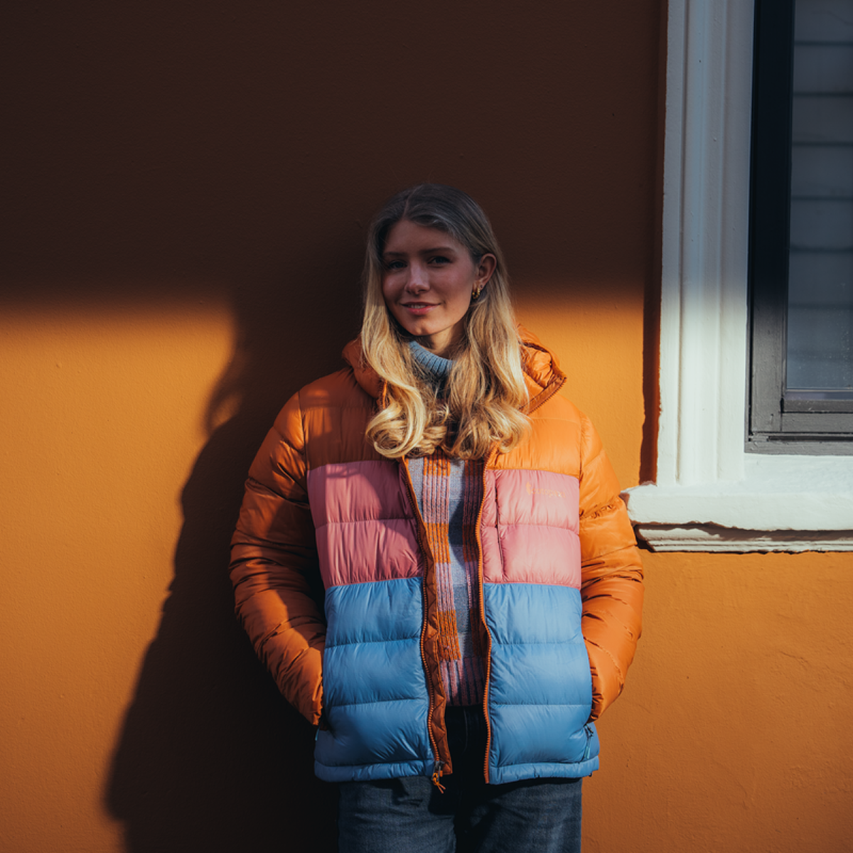 Fuego Max Down Hooded Jacket - Women's, Sienna/Fjord, Model Caitlyn