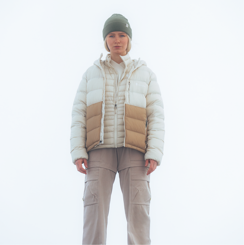 Fuego Max Down Hooded Jacket - Women's, Cream/Khaki, Model Avery
