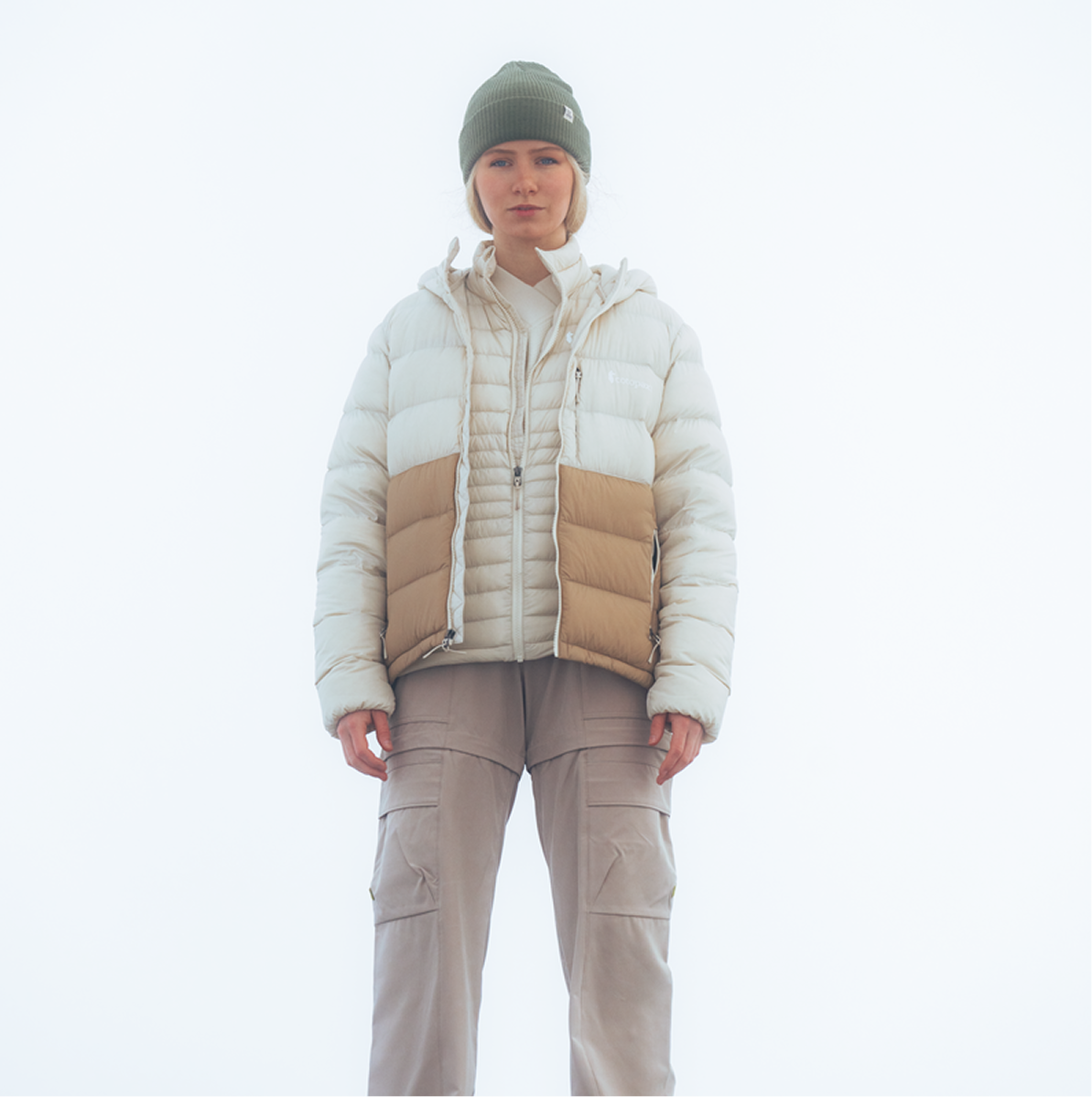 Fuego Max Down Hooded Jacket - Women's, Cream/Khaki, Model Avery