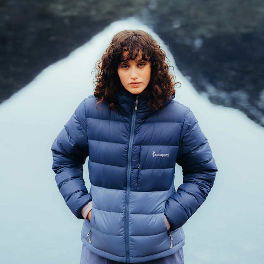 Fuego Max Down Hooded Jacket - Women's, Dusk/Blue Smoke, Model Avery