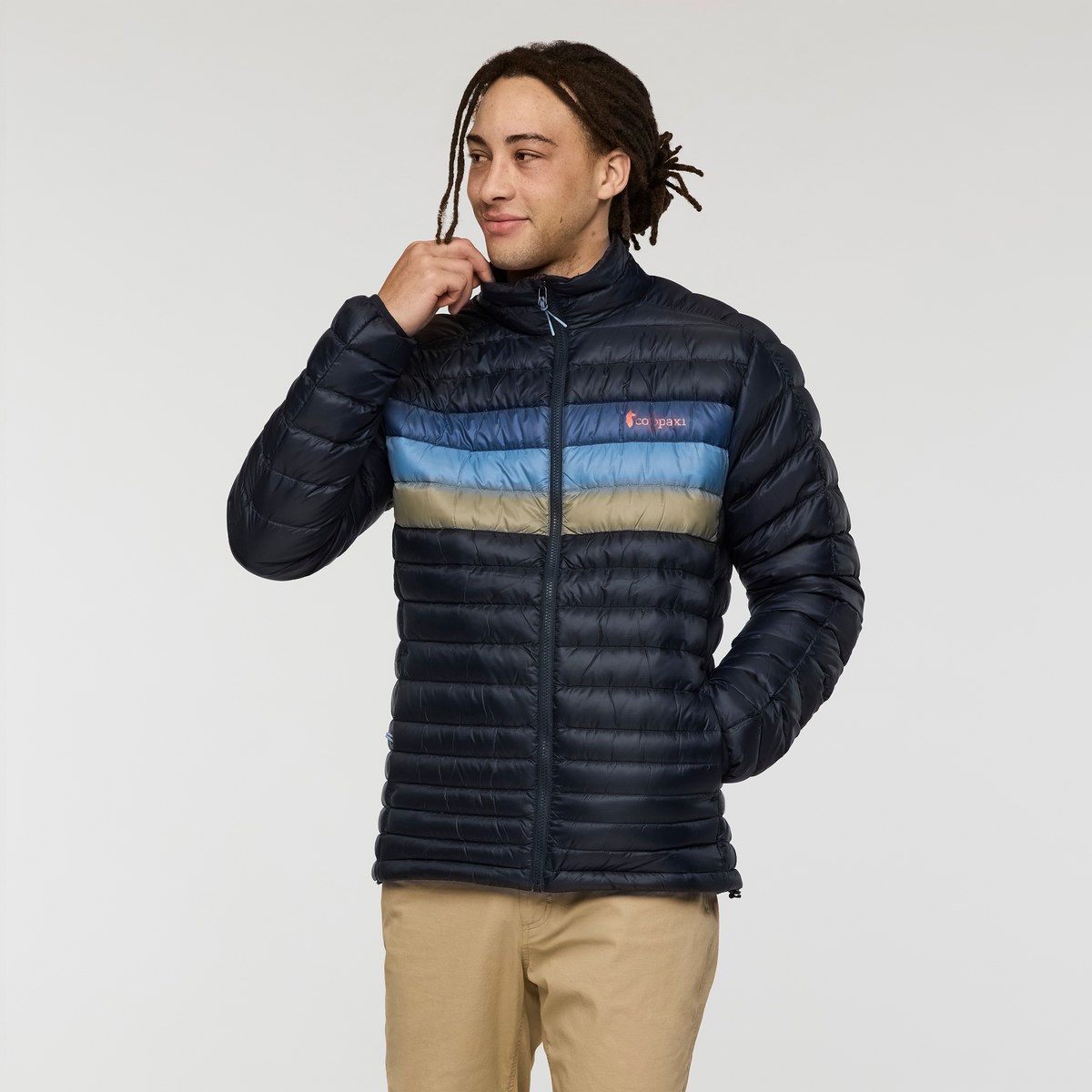 Fuego Down Jacket - Men's, Carbon Stripes, Model Kai