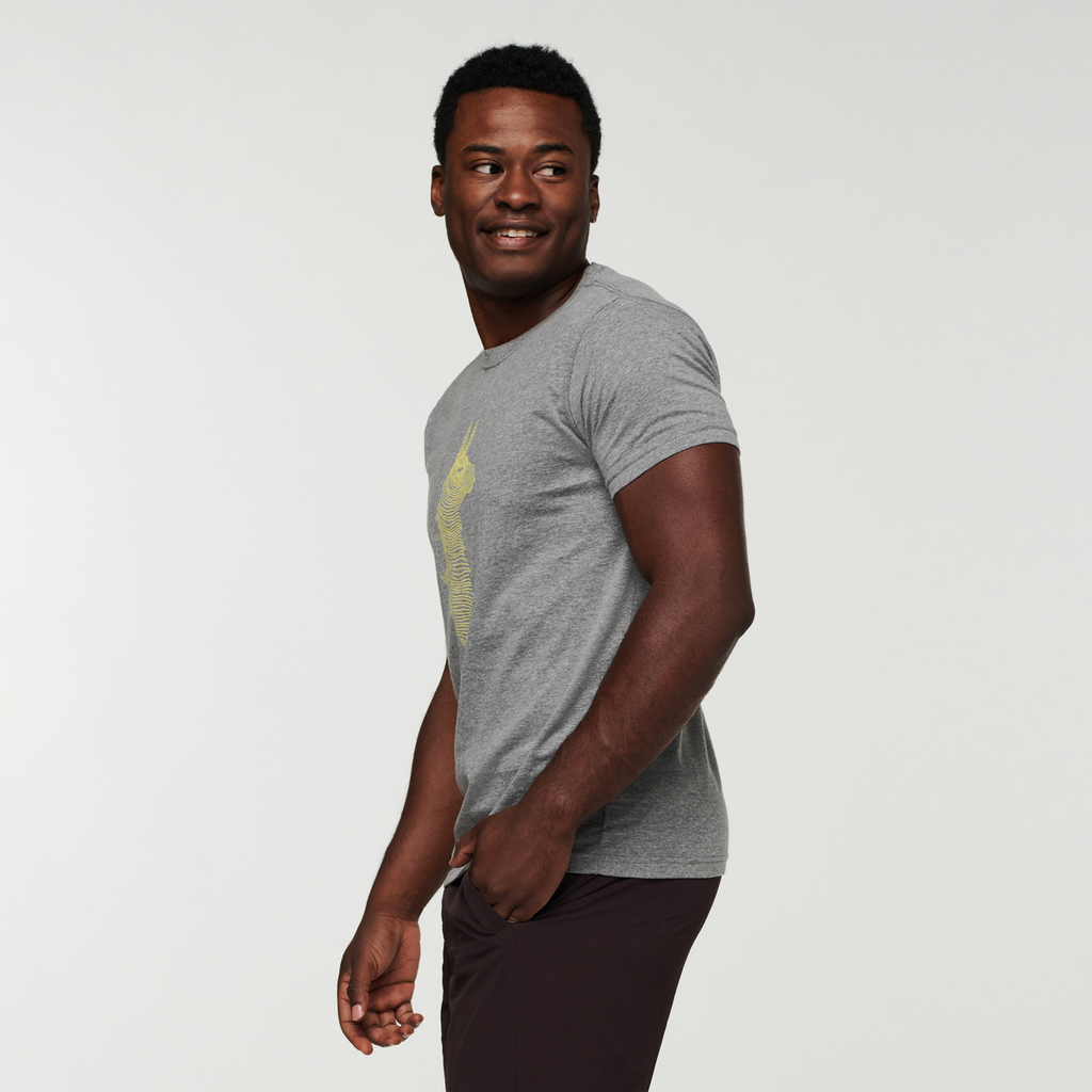 Topo Llama T-shirt - Men's, Heather Grey, Model Jeremy