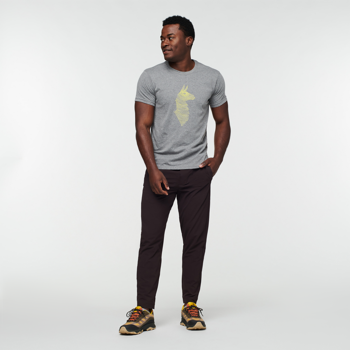 Topo Llama T-shirt - Men's, Heather Grey, Model Jeremy
