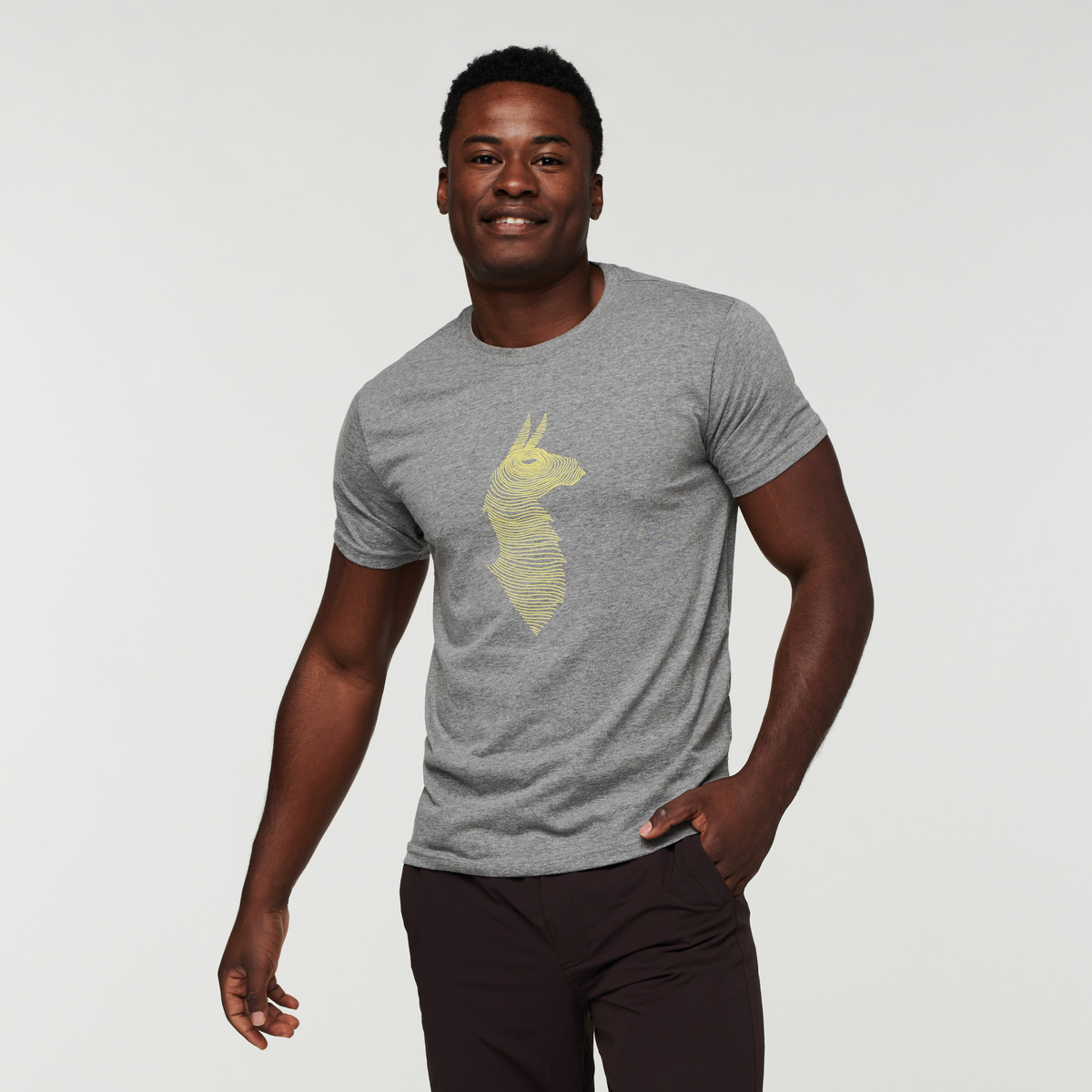 Topo Llama T-shirt - Men's, Heather Grey, Model Jeremy