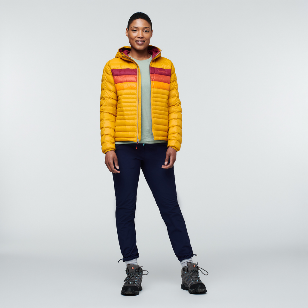 Fuego Down Hooded Jacket - Women's, Amber Stripes, Model Callie