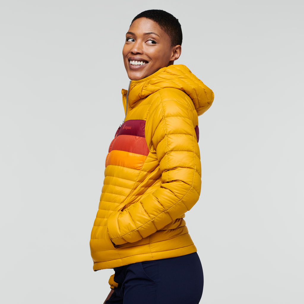 Fuego Down Hooded Jacket - Women's, Amber Stripes, Model Callie