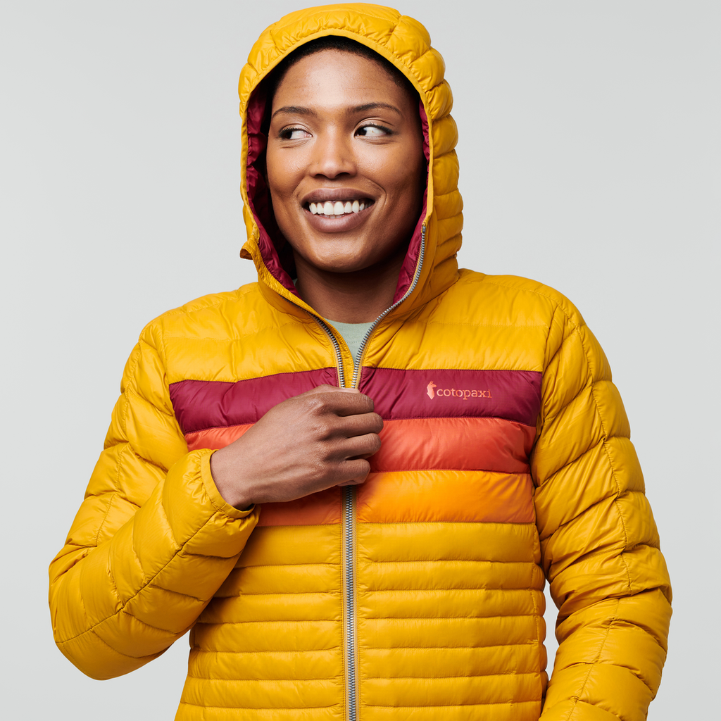 Fuego Down Hooded Jacket - Women's, Amber Stripes, Model Callie