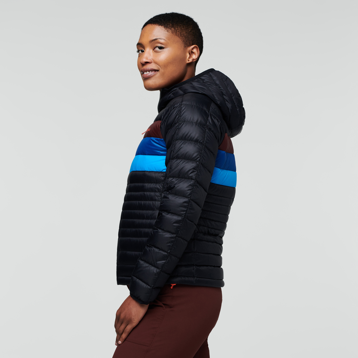 Fuego Down Hooded Jacket - Women's, Black/Chestnut Stripes, Model Callie