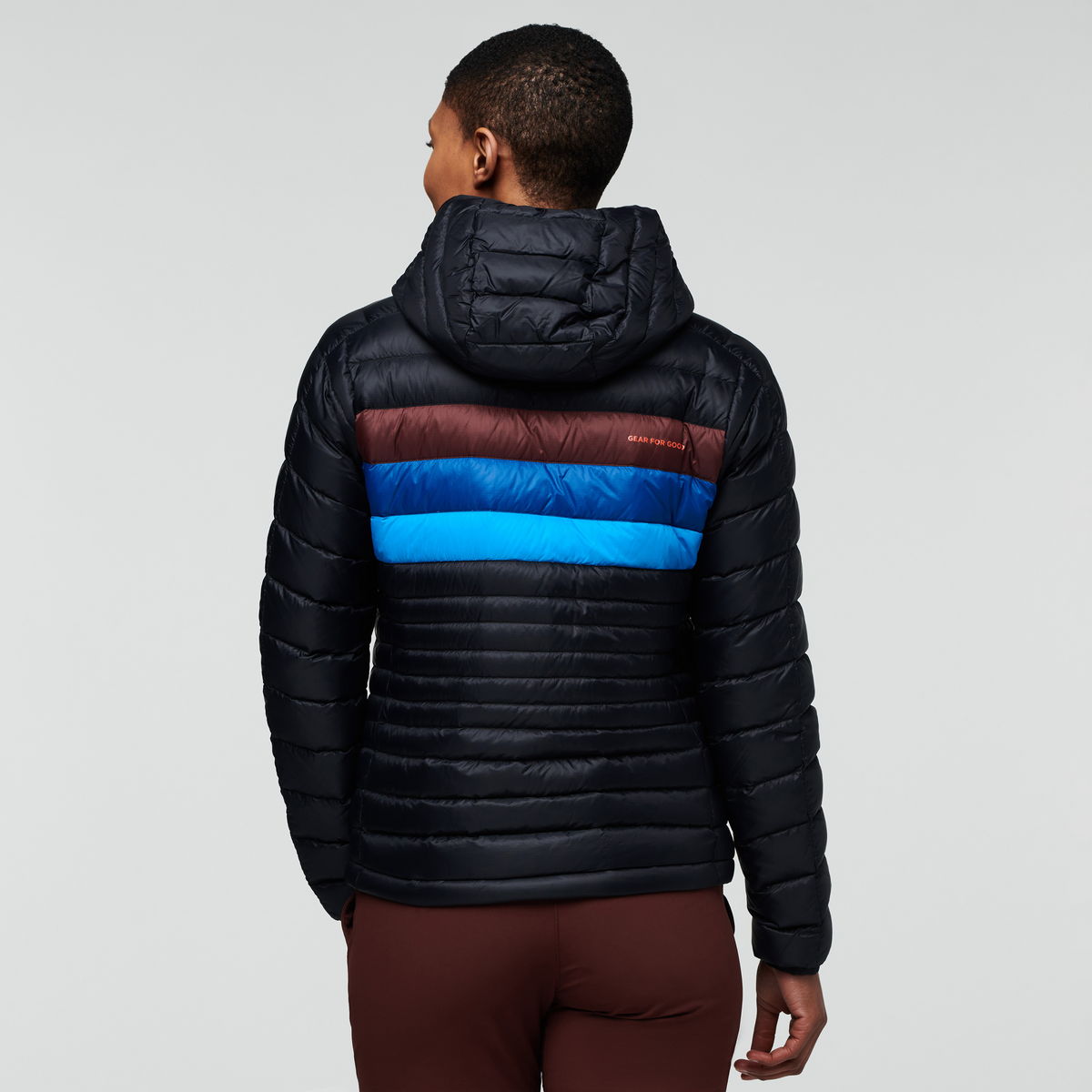 Fuego Down Hooded Jacket - Women's, Black/Chestnut Stripes, Model Callie