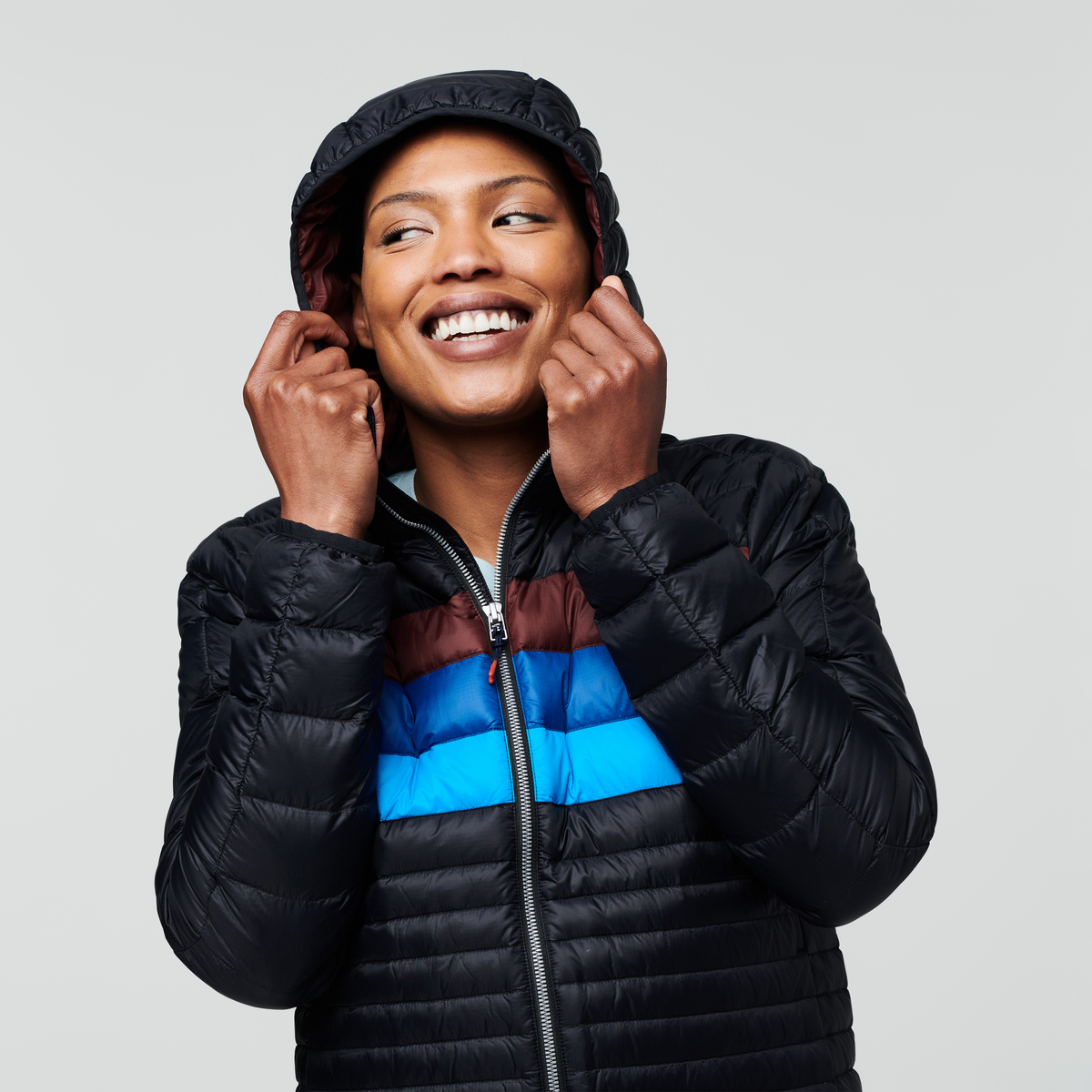 Fuego Down Hooded Jacket - Women's, Black/Chestnut Stripes, Model Callie