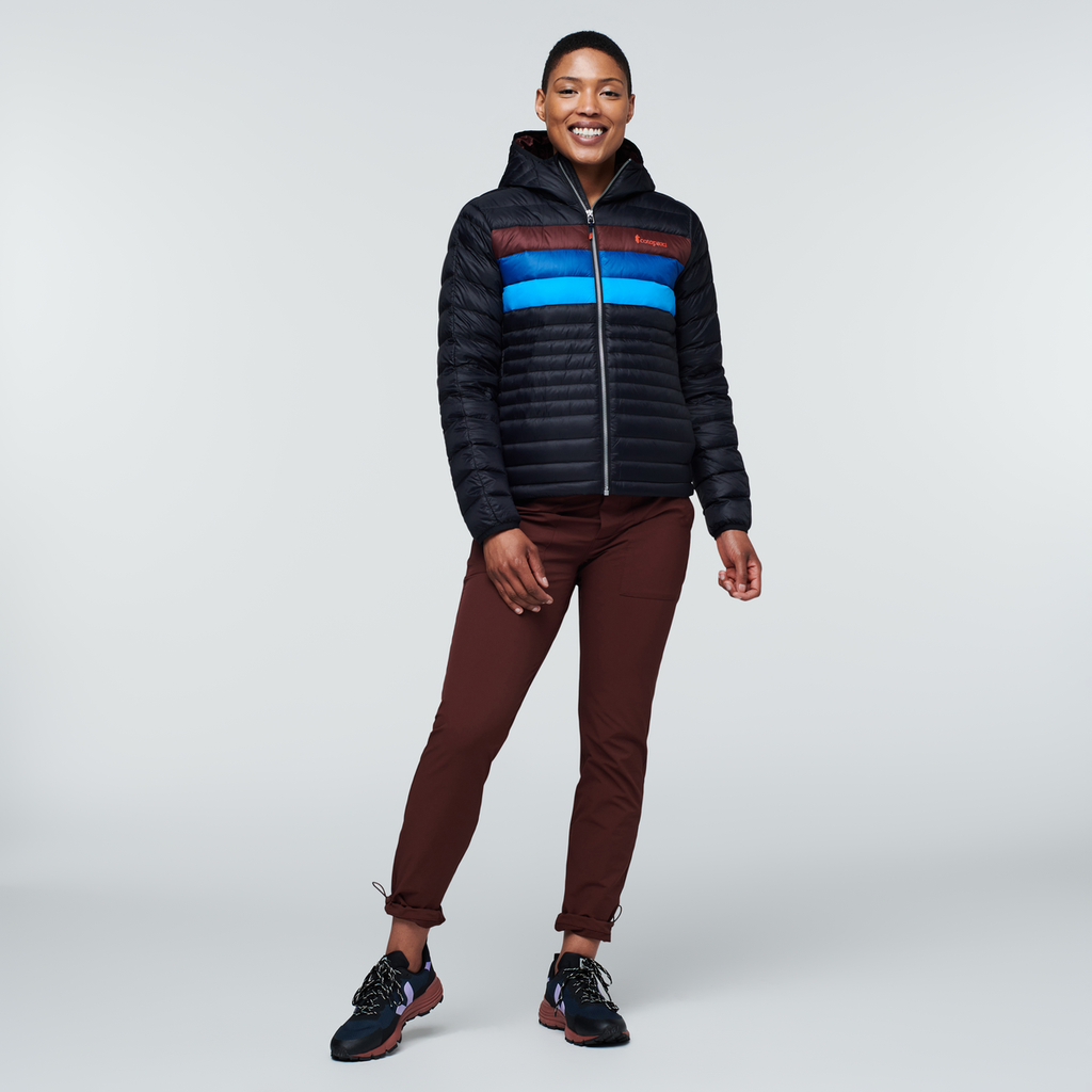 Fuego Down Hooded Jacket - Women's, Black/Chestnut Stripes, Model Callie