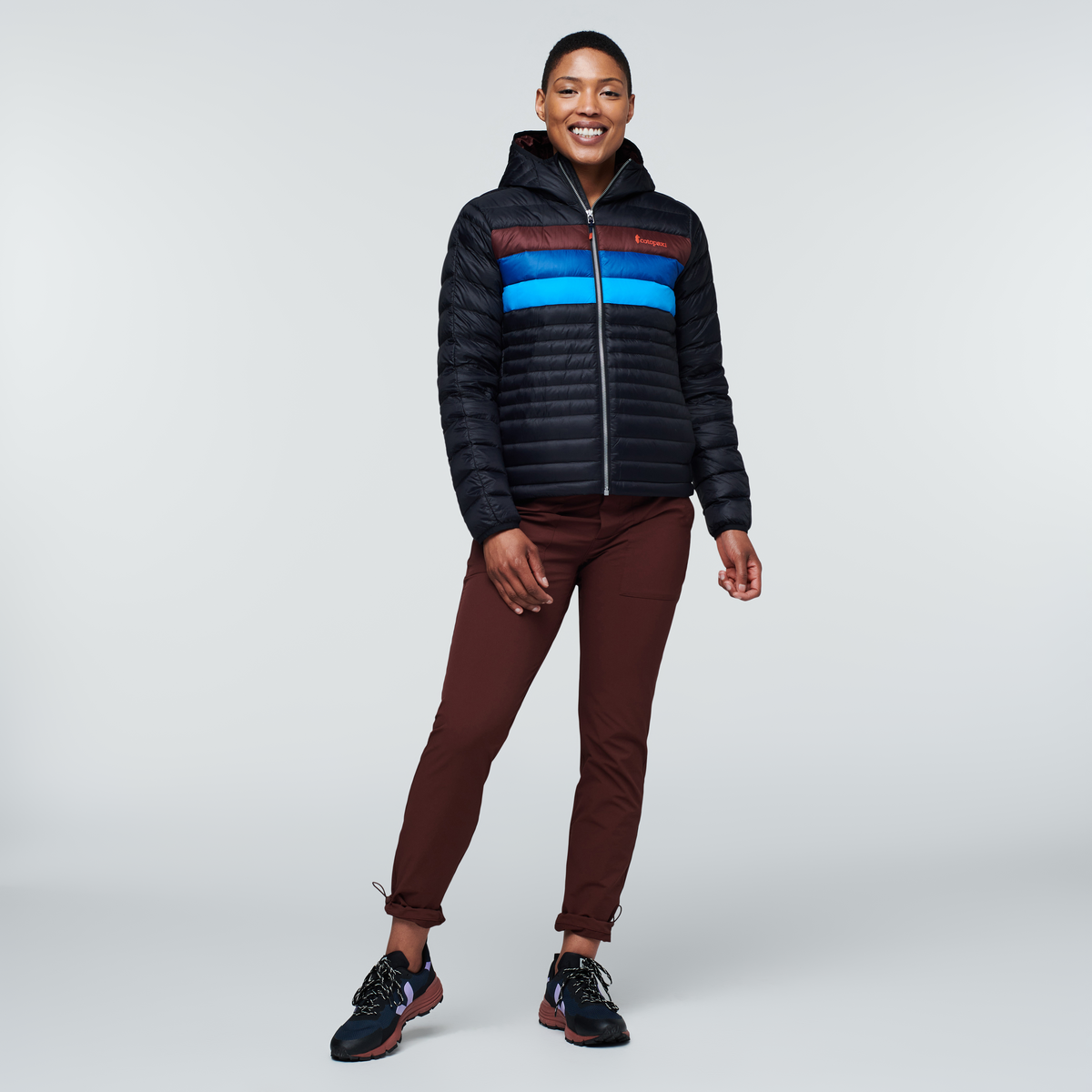 Fuego Down Hooded Jacket - Women's, Black/Chestnut Stripes, Model Callie