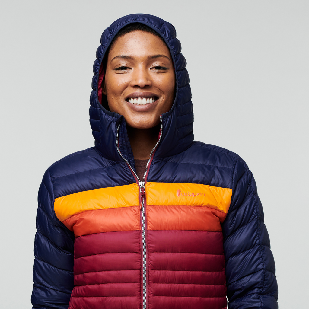 Fuego Down Hooded Jacket - Women's, Maritime/Raspberry, Model Callie
