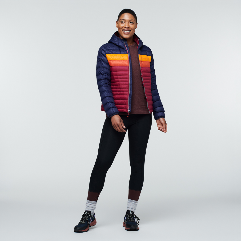 Fuego Down Hooded Jacket - Women's, Maritime/Raspberry, Model Callie