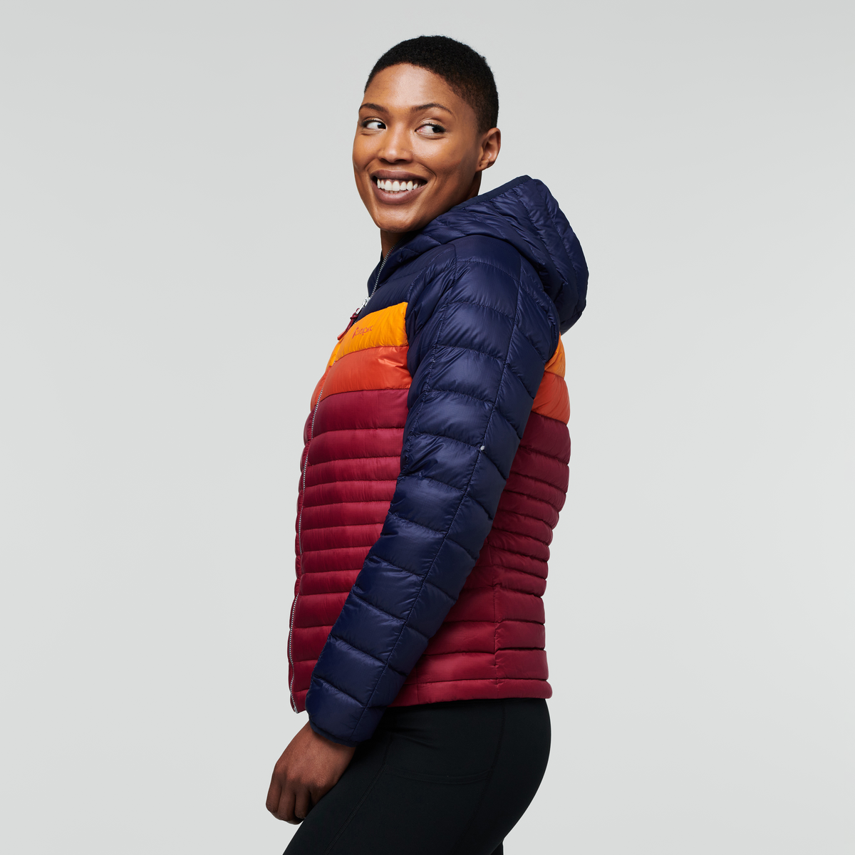 Fuego Down Hooded Jacket - Women's, Maritime/Raspberry, Model Callie