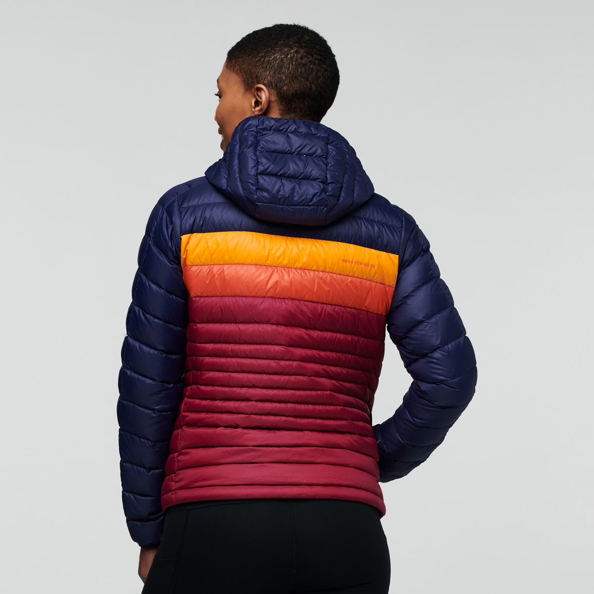 Fuego Down Hooded Jacket - Women's, Maritime/Raspberry, Model Callie