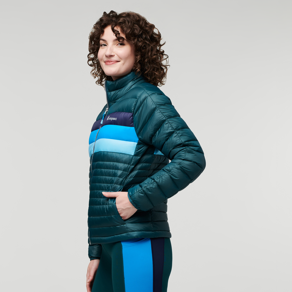 Fuego Down Jacket - Women's, Deep Ocean Stripes, Model Courtney