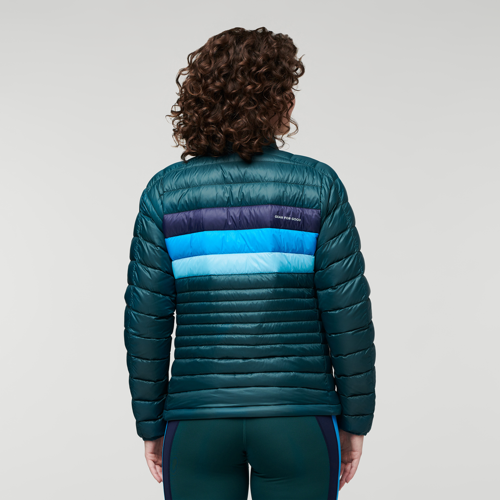 Fuego Down Jacket - Women's, Deep Ocean Stripes, Model Courtney