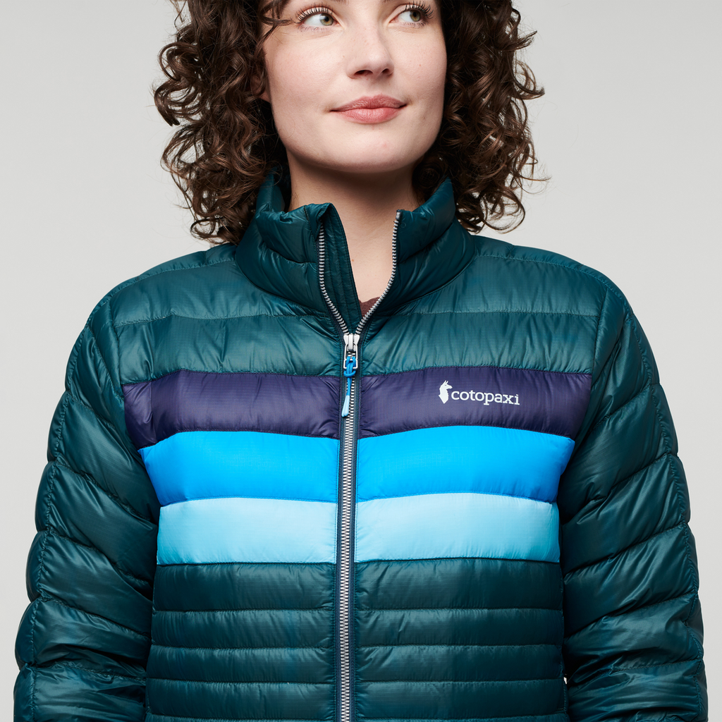 Fuego Down Jacket - Women's, Deep Ocean Stripes, Model Courtney